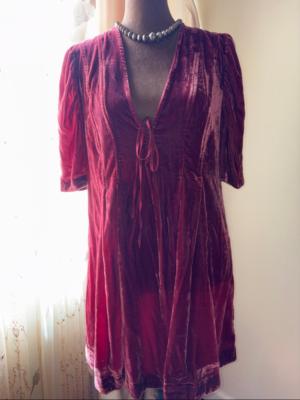 Free People Crushed Velvet Tie-Front Mini Dress in Deep Wine